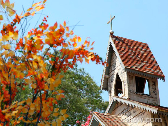Torre da igreja recoberta de lata e árvore com tronco e galhos  recobertos com crochê colorido